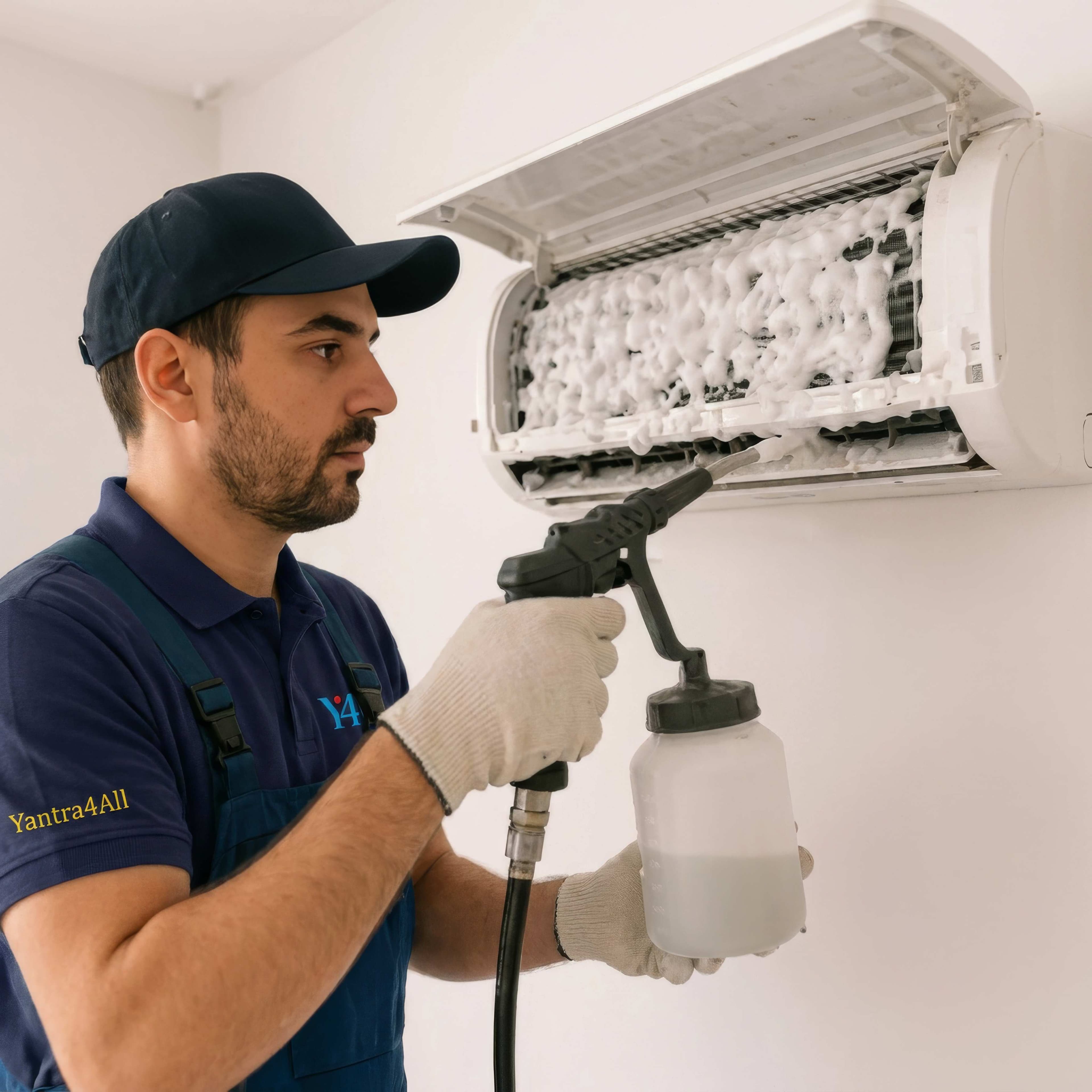 Technician foam-cleaning the coil of a split AC