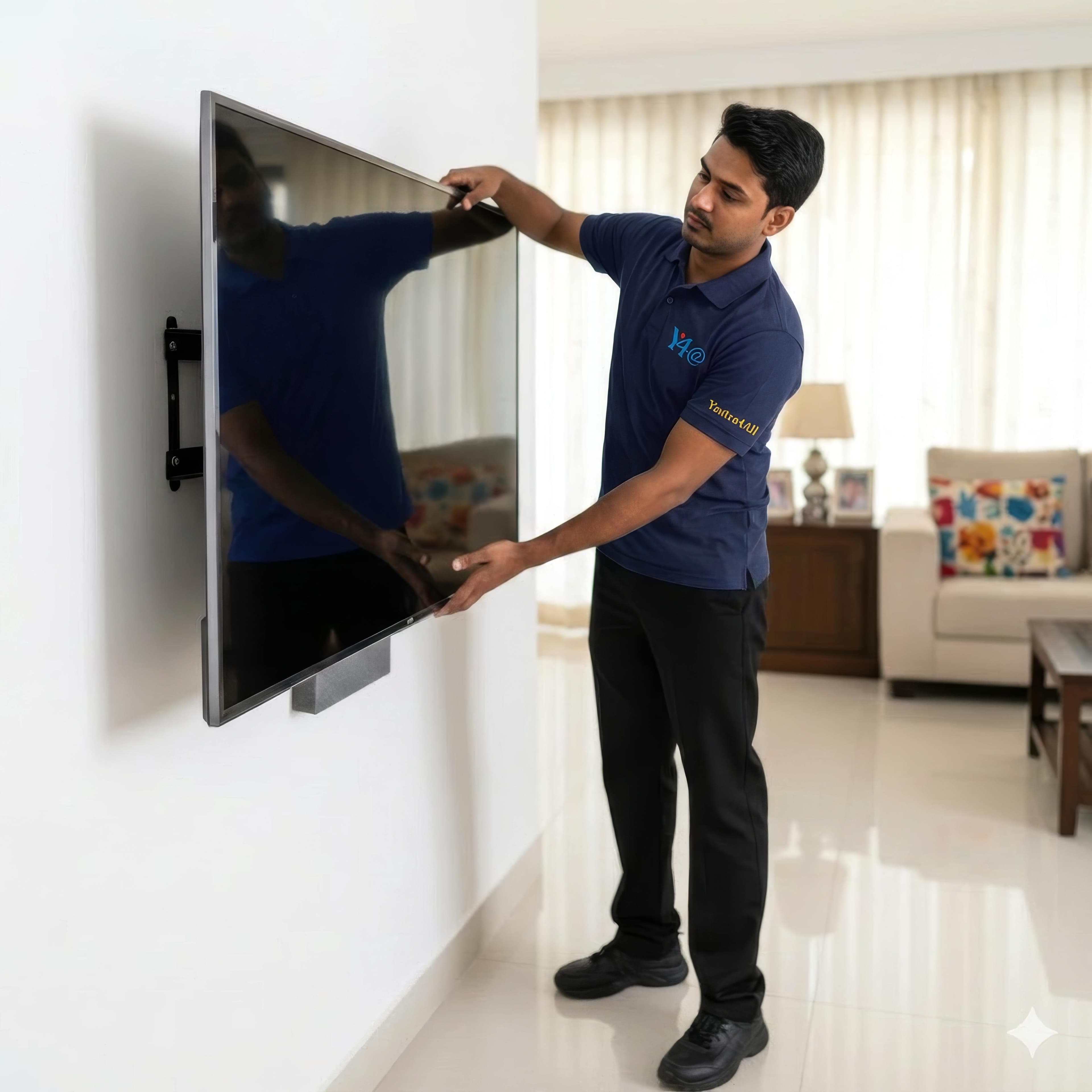 Yantra 4 All technician fixing a television to a living-room wall mount