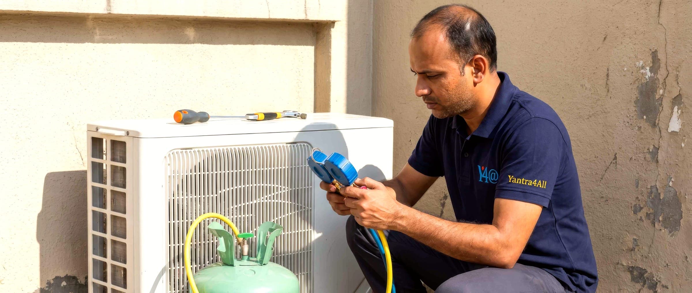 Technician checking gas pressure gauges on an AC outdoor unit