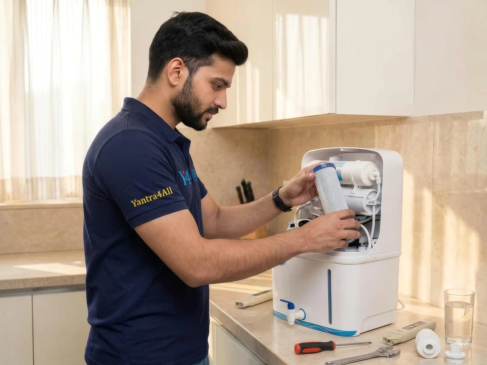 Water purifier set up and running in a home kitchen