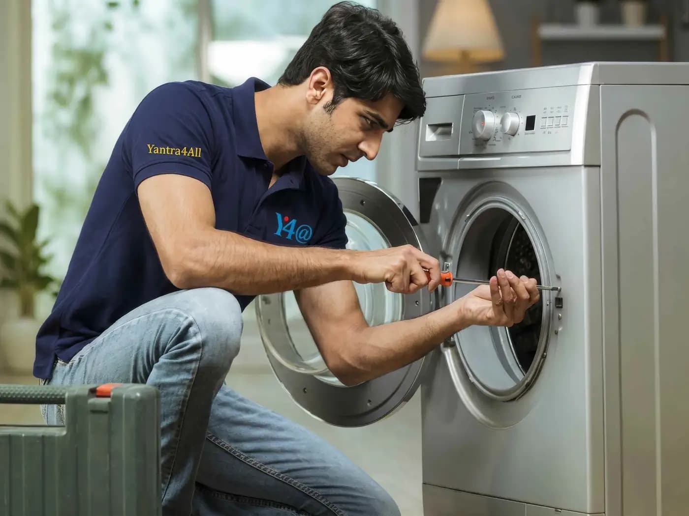 Technician working on a front-load washing machine